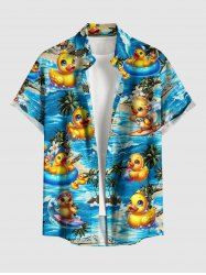 Plus Size Ducks Coconut Tree Flowers Print Buttons Pocket Hawaii Shirt For Men -  