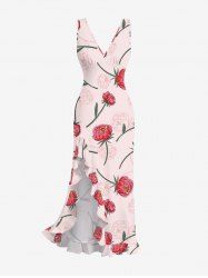 Rose Flower Leaf Print Hawaii Ruffles Split Surplice Dress -  