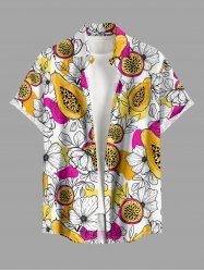 Chemise hawaïenne grande taille pour homme, imprimée de fleurs de papaye et de fruits, avec boutons et poche. - Jaune 5XL