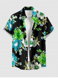 Hibiscus Flower Leaf Print Hawaii Button Pocket Shirt For Men -  