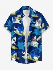 Plus Size Shark Sea Waves Hibiscus Flower Print Hawaii Button Pocket Shirt For Men - Bleu profond 5XL