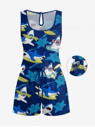 Combinaison hawaïenne grande taille à imprimé requins, vagues et hibiscus, avec cordon de serrage et poches. - Bleu profond S