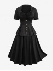 Robe trapèze vintage 2-en-1 à boutons et panneaux de dentelle fleurie pour grande taille - Noir L | US 12