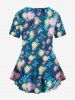 T-shirt à manches courtes grande taille avec imprimé chat à paillettes colorées, ballon et vagues, dégradé ombré - Multi-A 6X