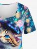 T-shirt à manches courtes grande taille avec imprimé chat à paillettes colorées, ballon et vagues, dégradé ombré - Multi-A 6X