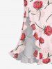 Rose Flower Leaf Print Hawaii Ruffles Split Surplice Dress -  