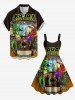 Cartoon Parrot Lizard Seascape Print Hawaii A Line Dress - Café profond 6X