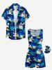 Combinaison hawaïenne grande taille à imprimé requins, vagues et hibiscus, avec cordon de serrage et poches. - Bleu profond S