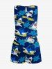 Combinaison hawaïenne grande taille à imprimé requins, vagues et hibiscus, avec cordon de serrage et poches. - Bleu profond S