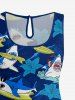 Combinaison hawaïenne grande taille à imprimé requins, vagues et hibiscus, avec cordon de serrage et poches. - Bleu profond S