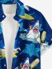 Plus Size Shark Sea Waves Hibiscus Flower Print Hawaii Button Pocket Shirt For Men - Bleu profond M