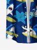 Plus Size Shark Sea Waves Hibiscus Flower Print Hawaii Button Pocket Shirt For Men - Bleu profond M
