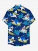 Plus Size Shark Sea Waves Hibiscus Flower Print Hawaii Button Pocket Shirt For Men - Bleu profond 5XL