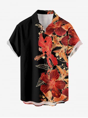 Chemise hawaïenne grande taille à imprimé floral et feuilles, boutons et poche pour homme - BLACK - M