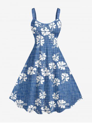 Plus Size Hibiscus Flower Plaid Print Hawaii Tank Dress - DENIM BLUE - XS