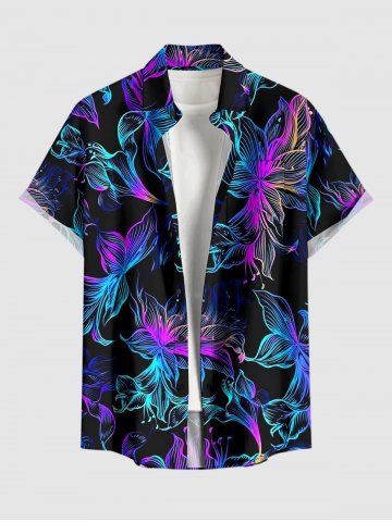 Chemise hawaïenne grande taille à imprimé floral coloré, boutons et poches pour homme - BLACK - S