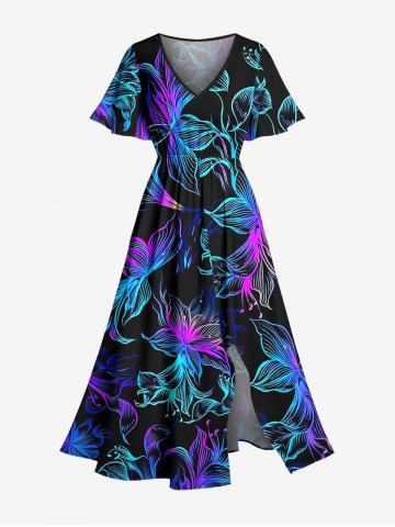 Robe mi-longue hawaïenne fendue à imprimé floral coloré grande taille - BLACK - 1X