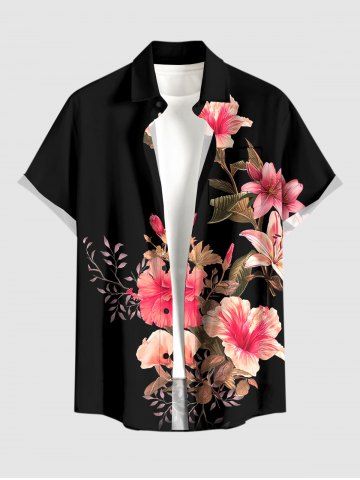 Chemise hawaïenne grande taille pour homme, à imprimé de fleurs d'hibiscus et de feuilles, avec boutons et poche. - BLACK - M