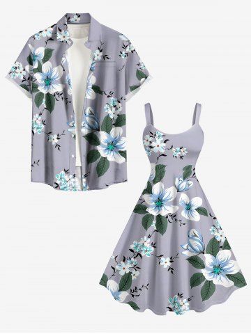 Flower Leaf Branch Print Plus Size Matching Hawaii Beach Outfit For Couples - GRAY