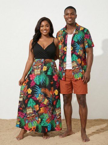 Ensemble hawaïen assorti pour couple, imprimé africain, masque ethnique, motif feuilles tropicales et fleurs d'hibiscus. - BROWN