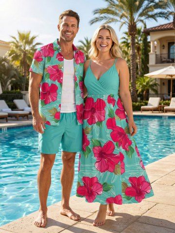Ensemble de plage hawaïen assorti pour couples, imprimé feuilles tropicales et fleurs d'hibiscus, grandes tailles - GREEN