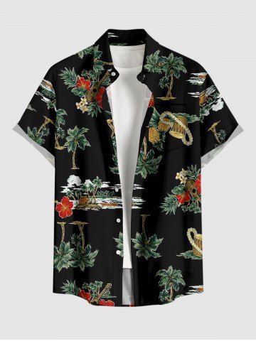Chemise hawaïenne grande taille pour homme, à imprimé tête de mort, cocotier et fleurs, boutons et poche. - BLACK - 5XL