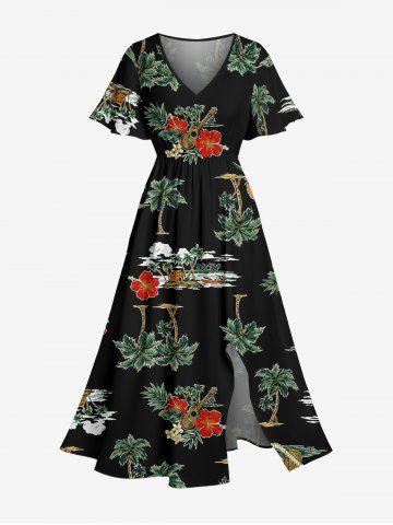 Robe mi-longue hawaïenne fendue à imprimé tête de mort, cocotier et fleurs, grande taille - BLACK - 6X