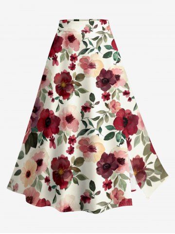 Jupe hawaïenne fendue à imprimé fleurs et feuilles grande taille - DEEP RED - 2X