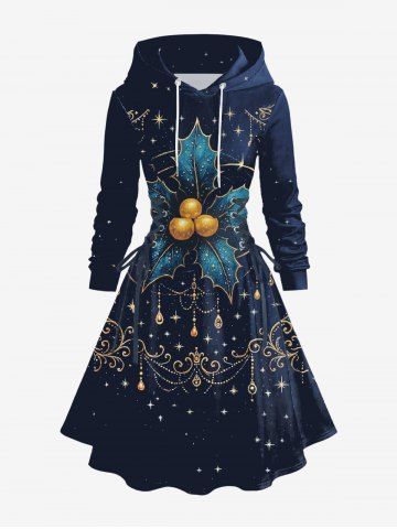 Plus Size Christmas Holly Fruit Leaf Star Tassel Print Lace Up Drawstring Hoodie Dress - BLACK - 1X