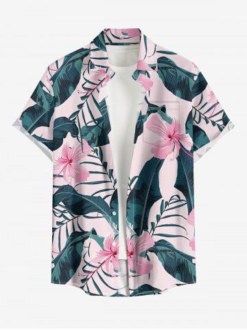 Plus Size Hibiscus Flower Tropical Leaf Print Buttons Pocket Hawaii Shirt For Men - PINK - 3XL