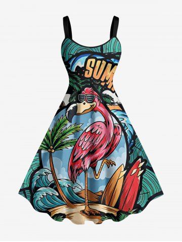 Robe trapèze hawaïenne grande taille à imprimé cocotiers, flamants roses et vagues