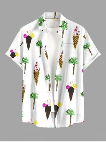 Plus Size Coconut Tree Ice Cream Print Buttons Pocket Hawaii Shirt For Men - WHITE - 5XL