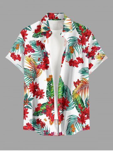 Plus Size Flowers Tropical Leaf Print Buttons Pocket Hawaii Shirt For Men - WHITE - M