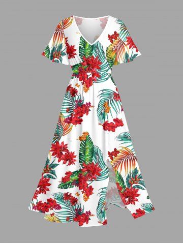 Robe midi hawaïenne fendue à imprimé floral tropical et feuilles grandes tailles - WHITE - XS