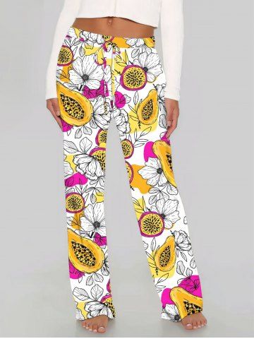 Plus Size Papaya Fruit Flowers Print Drawstring Hawaii Wide Leg Pants - YELLOW - S