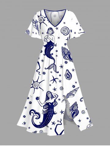 Robe midi trapèze grande taille à imprimé coquillage sirène et conque, style hawaïen, avec poches fendues - WHITE - 6X