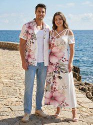 Ensemble de plage hawaïen assorti grande taille à imprimé fleurs et feuilles pour couples - Rose 