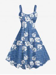 Robe débardeur hawaïenne à carreaux et fleurs d'hibiscus grande taille - Bleu Toile de Jean 4X