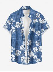 Chemise hawaïenne grande taille pour homme, à carreaux et imprimé hibiscus, avec boutons et poche. - Bleu Toile de Jean L