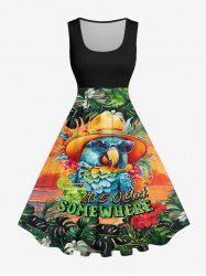 Robe vintage grande taille à imprimé perroquet, jus de fruits, fleurs et feuilles tropicales, style hawaïen des années 1950 - Orange Foncé L