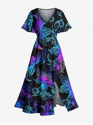 Robe mi-longue hawaïenne fendue à imprimé floral coloré grande taille - Noir 4X