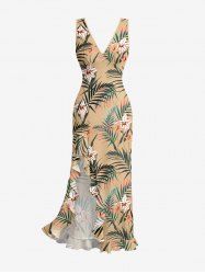 Robe hawaïenne à imprimé tropical fleurs et feuilles, volants et fente cache-cœur - Bronze XL
