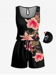 Plus Size Hibiscus Flower Leaf Print Cinched Hawaii Romper -  