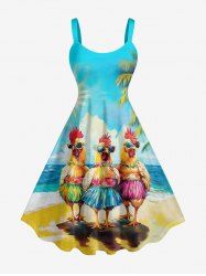 Robe débardeur hawaïenne grande taille à imprimé coq, cocotier et soleil - Bleu Ciel 4XL