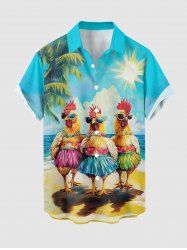 Chemise hawaïenne grande taille pour homme, avec imprimé coq, cocotier et soleil, boutons et poche. - Bleu Ciel L
