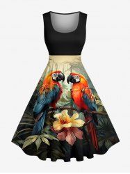 Robe vintage hawaïenne années 1950 à imprimé perroquet, fleurs et feuilles, grande taille - Olive Verte 4X