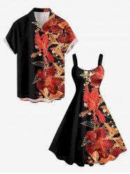 Ensemble de plage hawaïen assorti grande taille à imprimé fleurs et feuilles pour couples - Noir 