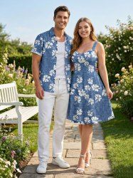 Hibiscus Flower Plaid Print Plus Size Matching Hawaii Beach Outfit For Couples -  
