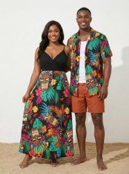 African Printed Matching Couple Outfit Ethnic Mask Tropical Leaf Hibiscus Flower Hawaiian Set -  