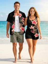 Ensemble hawaïen assorti chemise et barboteuse grande taille, tenue de plage à imprimé feuilles tropicales et hibiscus pour couples - Noir 